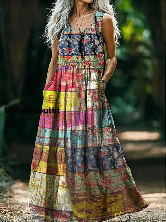 Retro Boho Floral Applique Art Print Round Neck Sleeveless Cotton Pocket Dress A / S