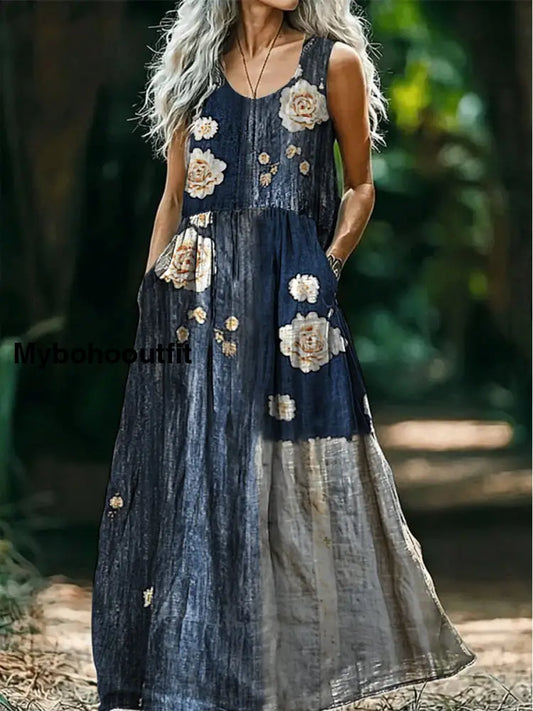 Retro Boho Floral Applique Art Print Round Neck Sleeveless Cotton Pocket Dress A / S