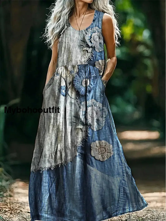 Retro Boho Floral Applique Art Print Round Neck Sleeveless Cotton Pocket Dress A / S