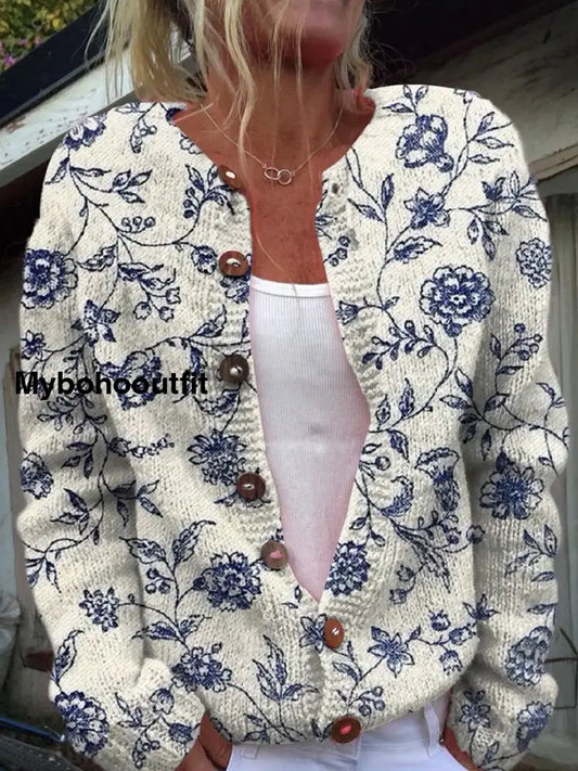 Retro Boho Floral Art Print Buttoned Casual Long-Sleeved Knit Cardigan Sweater A / S