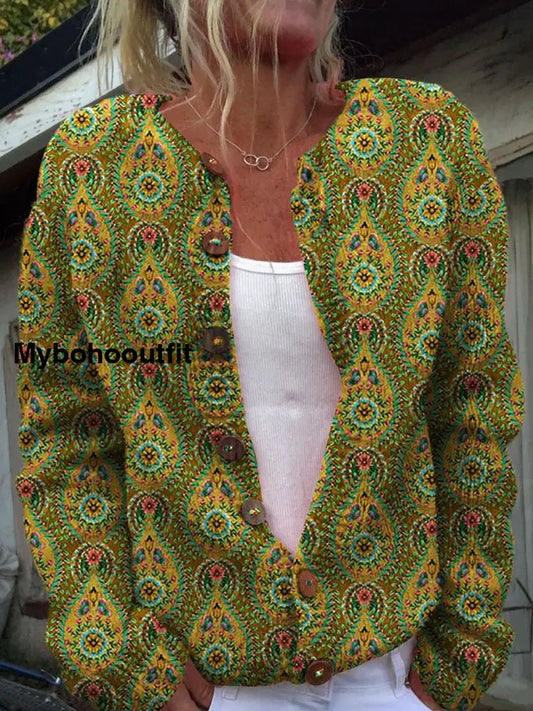 Retro Boho Floral Art Print Buttoned Casual Long-Sleeved Knit Cardigan Sweater A / S