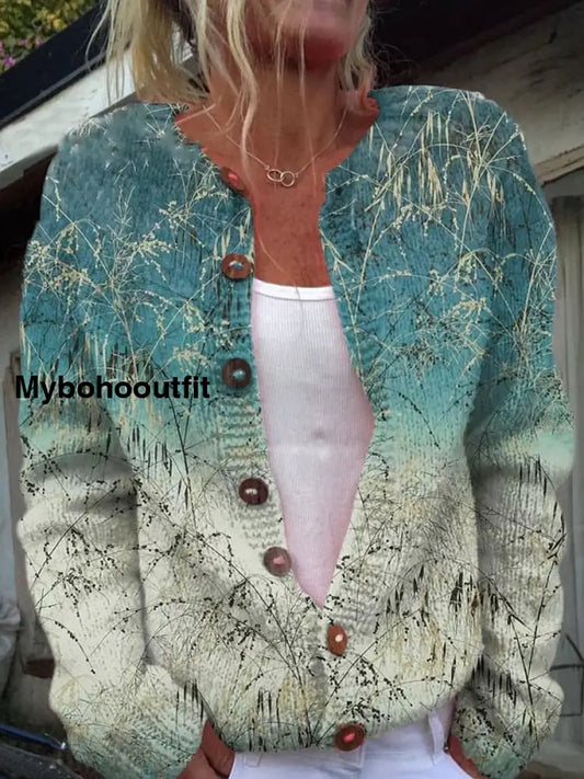 Retro Boho Floral Art Print Buttoned Casual Long-Sleeved Knit Cardigan Sweater A / S