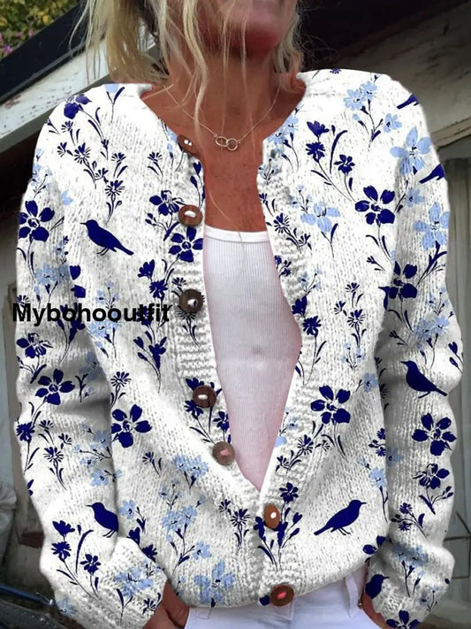 Retro Boho Floral Art Print Buttoned Casual Long-Sleeved Knit Cardigan Sweater A / S