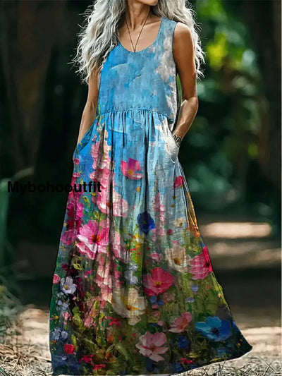 Retro Boho Floral Art Print Round Neck Sleeveless Cotton Pocket Dresses A / S