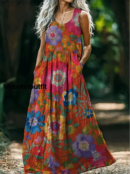 Retro Boho Floral Art Print Round Neck Sleeveless Cotton Pocket Dresses A / S