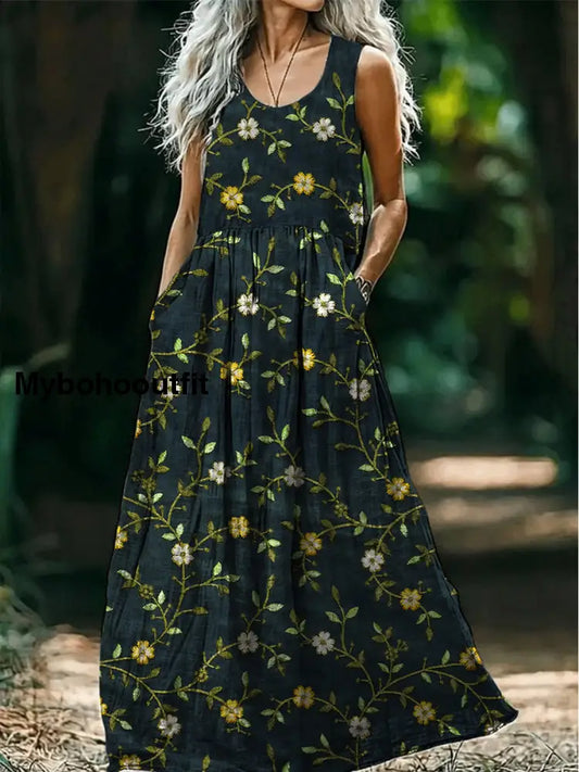 Retro Boho Floral Art Print Round Neck Sleeveless Cotton Pocket Dresses A / S