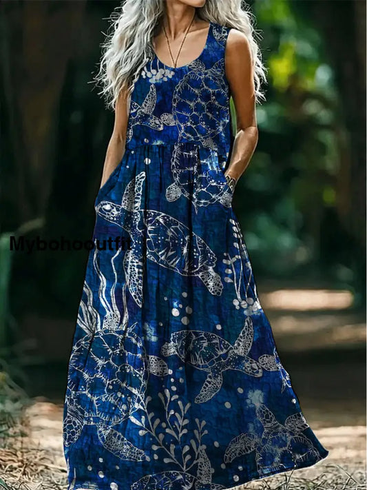Retro Boho Floral Art Print Round Neck Sleeveless Cotton Pocket Dresses A / S