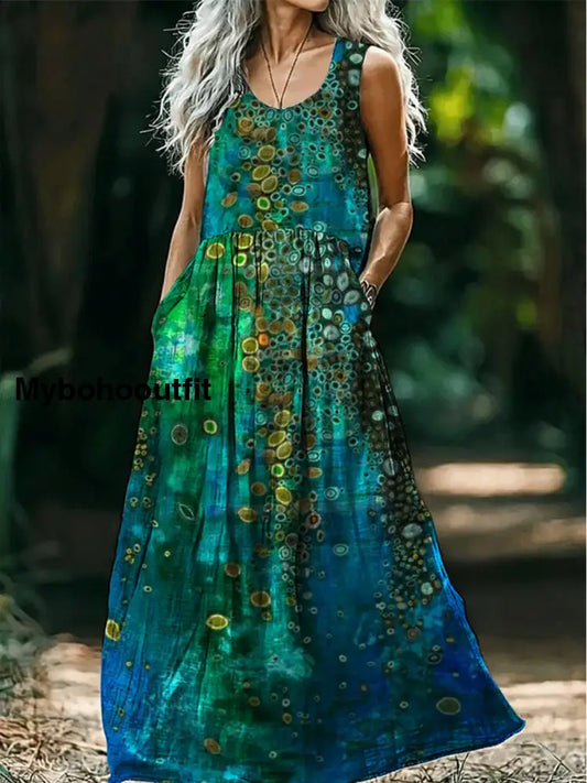 Retro Boho Floral Art Print Round Neck Sleeveless Cotton Pocket Dresses A / S