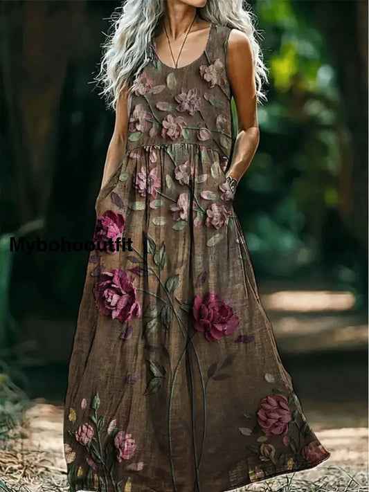 Retro Boho Floral Art Print Round Neck Sleeveless Cotton Pocket Dresses A / S