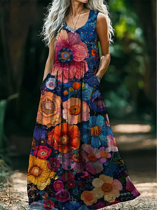 Retro Boho Floral Art Print Round Neck Sleeveless Cotton Pocket Dresses A / S