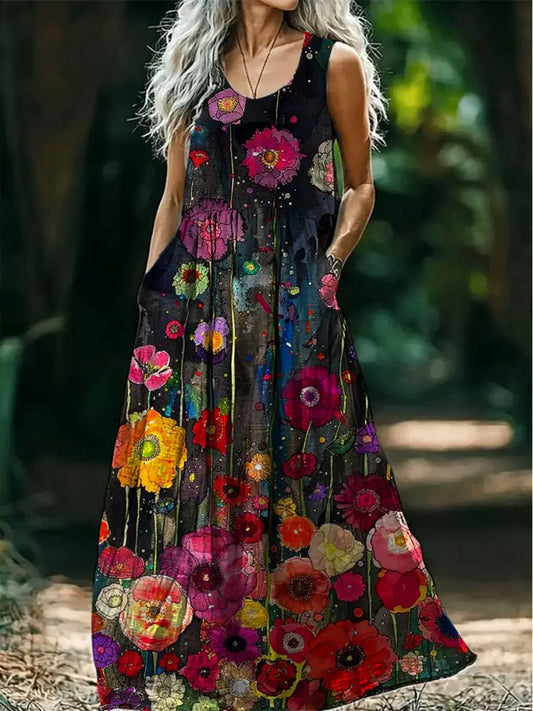 Retro Boho Floral Art Print Round Neck Sleeveless Cotton Pocket Dresses A / S