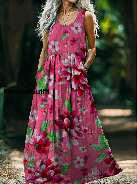 Retro Boho Floral Art Print Round Neck Sleeveless Cotton Pocket Dresses A / S