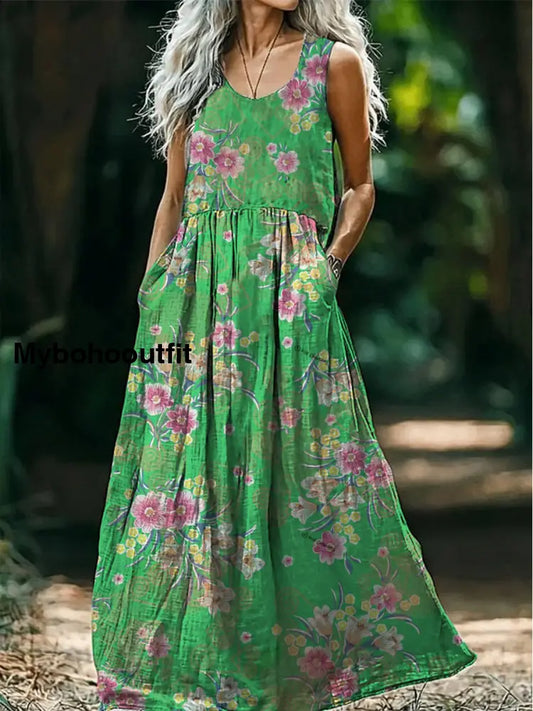 Retro Boho Floral Art Print Round Neck Sleeveless Cotton Pocket Dresses A / S
