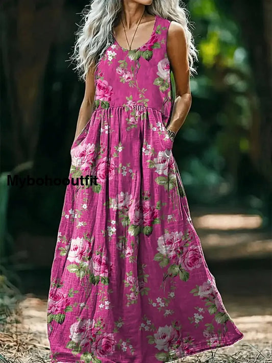Retro Boho Floral Art Print Round Neck Sleeveless Cotton Pocket Dresses A / S