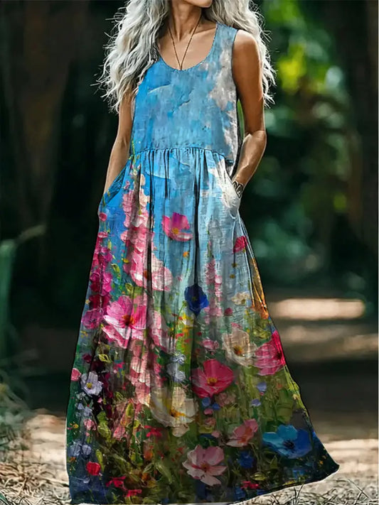 Retro Boho Floral Art Print Round Neck Sleeveless Cotton Pocket Dresses A / S