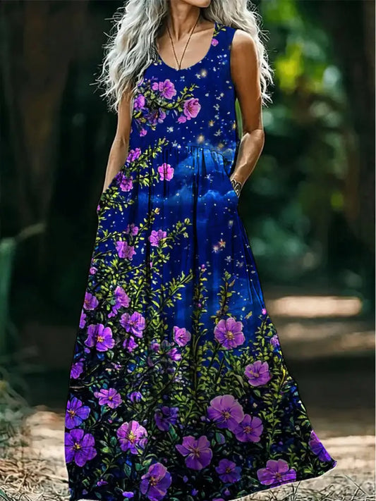 Retro Boho Floral Art Print Round Neck Sleeveless Cotton Pocket Dresses A / S