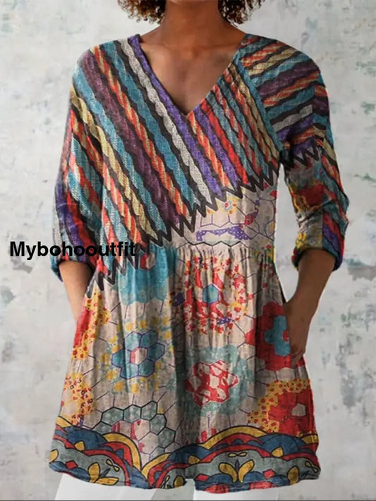 Retro Boho Floral Art Print V-Neck Pattern Vintage Loose Long Sleeve Top A / S