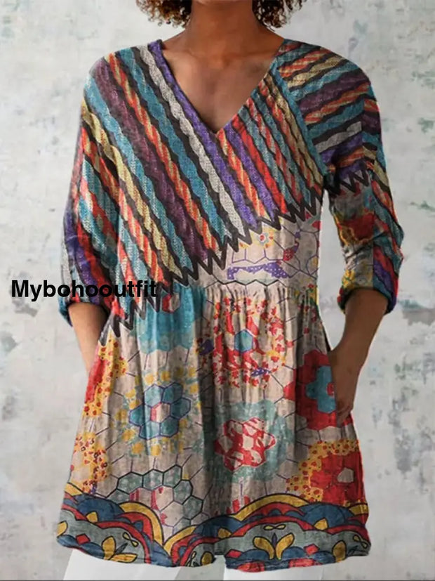Retro Boho Floral Art Print V-Neck Pattern Vintage Loose Long Sleeve Top A / S