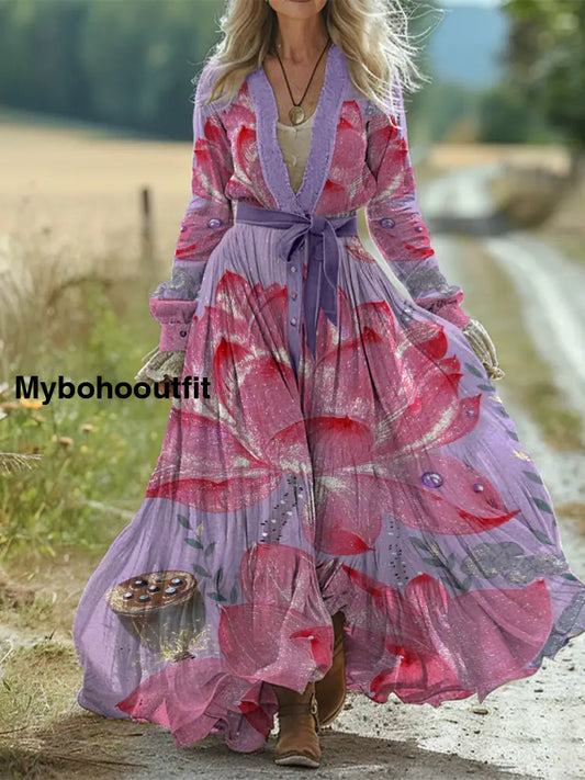 Retro Boho Floral Art Print Vintage Chic Belt V-Neck Cotton Long Sleeve Midi Dress A / S