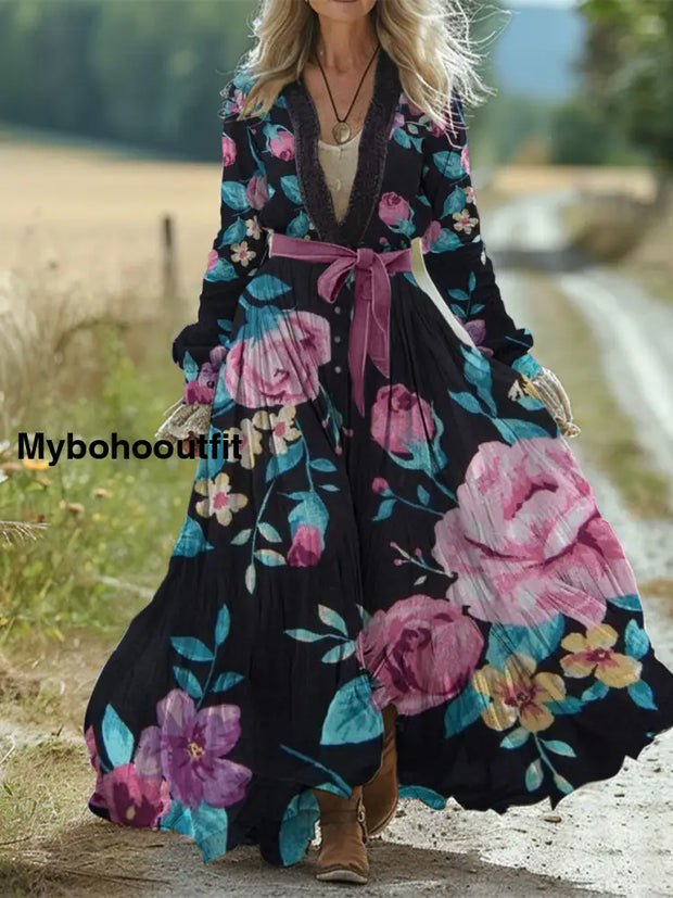 Retro Boho Floral Art Print Vintage Chic Belt V-Neck Cotton Long Sleeve Midi Dress A / S