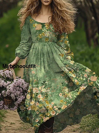 Retro Boho Floral Art Print Vintage Chic Round-Neck Long Sleeve Midi Dress A / S