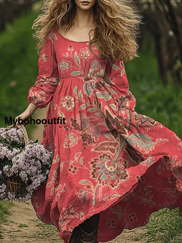 Retro Boho Floral Art Print Vintage Chic Round-Neck Long Sleeve Midi Dress A / S