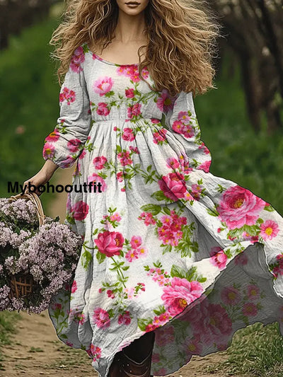 Retro Boho Floral Art Print Vintage Chic Round-Neck Long Sleeve Midi Dress A / S