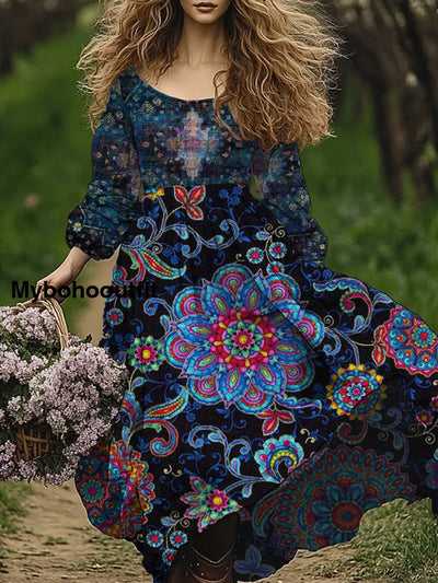 Retro Boho Floral Art Print Vintage Chic Round-Neck Long Sleeve Midi Dress A / S