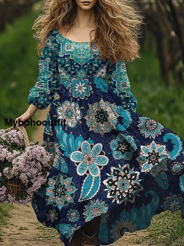 Retro Boho Floral Art Print Vintage Chic Round-Neck Long Sleeve Midi Dress A / S