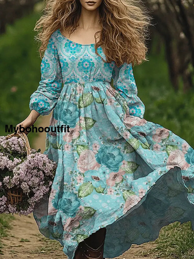 Retro Boho Floral Art Print Vintage Chic Round-Neck Long Sleeve Midi Dress A / S