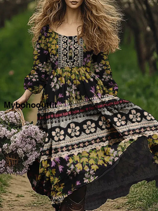 Retro Boho Floral Art Print Vintage Chic Round-Neck Long Sleeve Midi Dress A / S