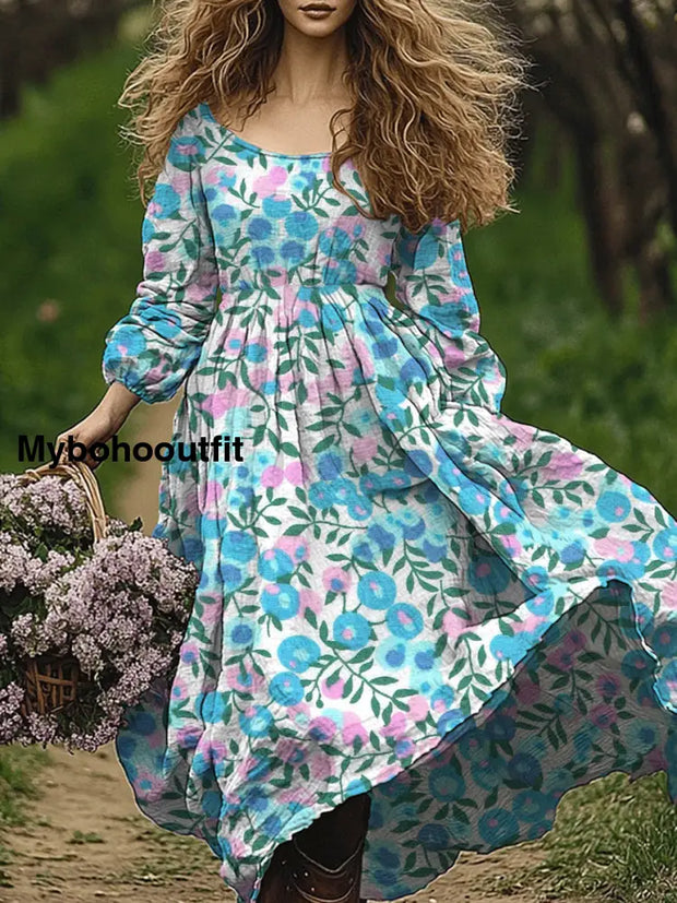 Retro Boho Floral Art Print Vintage Chic Round-Neck Long Sleeve Midi Dress A / S