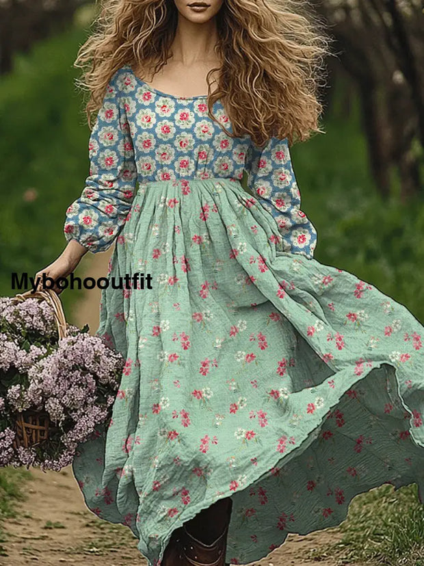 Retro Boho Floral Art Print Vintage Chic Round-Neck Long Sleeve Midi Dress A / S