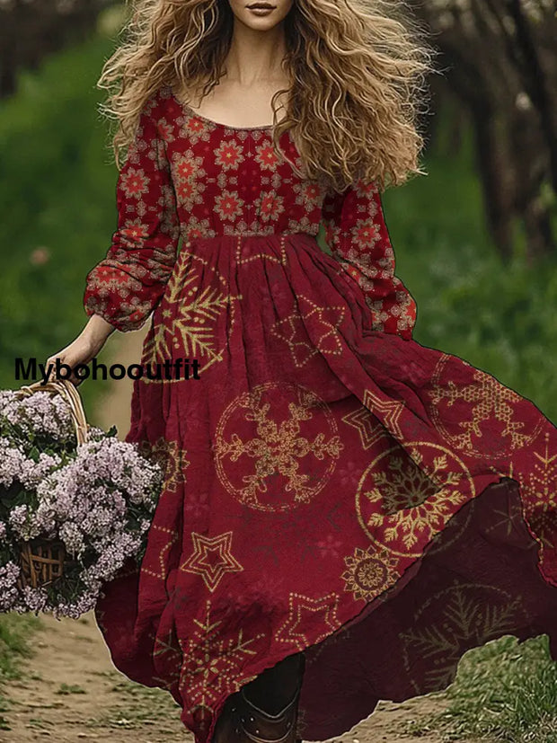 Retro Boho Floral Art Print Vintage Chic Round-Neck Long Sleeve Midi Dress A / S