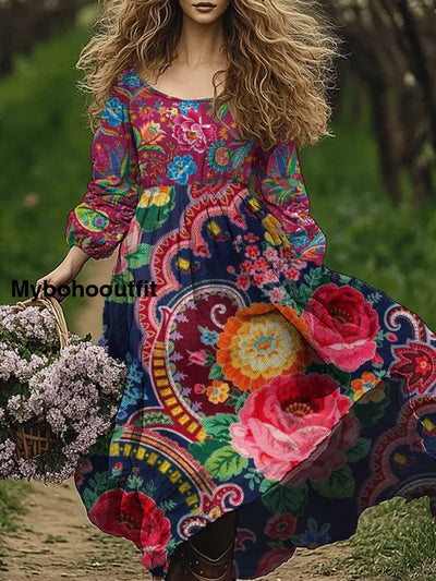 Retro Boho Floral Art Print Vintage Chic Round-Neck Long Sleeve Midi Dress A / S