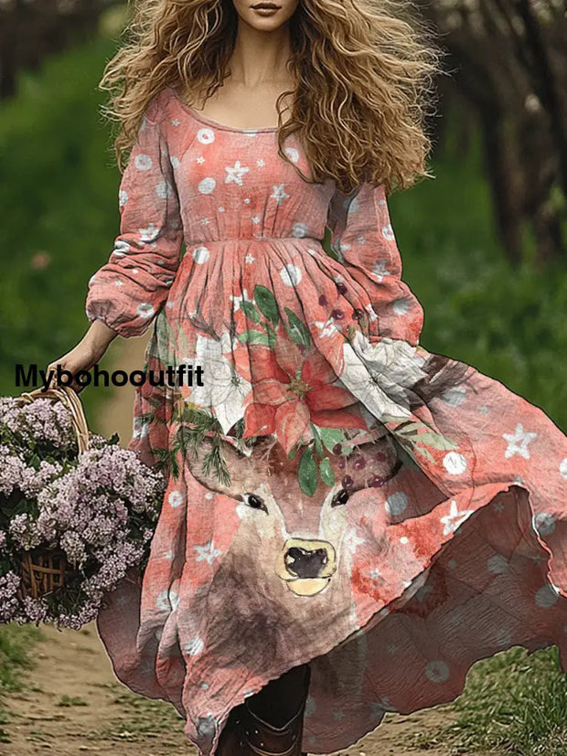 Retro Boho Floral Art Print Vintage Chic Round-Neck Long Sleeve Midi Dress A / S