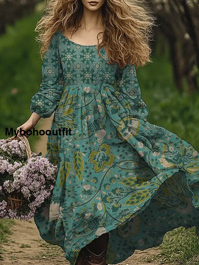 Retro Boho Floral Art Print Vintage Chic Round-Neck Long Sleeve Midi Dress A / S