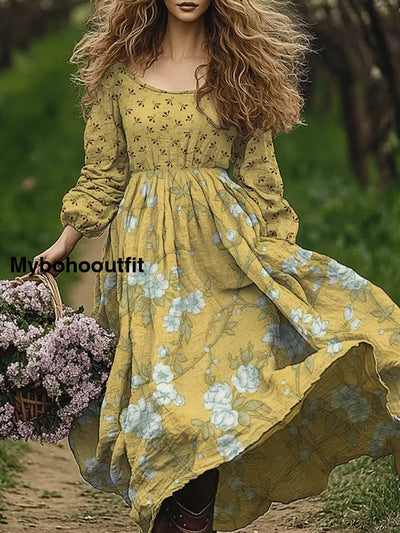 Retro Boho Floral Art Print Vintage Chic Round-Neck Long Sleeve Midi Dress A / S