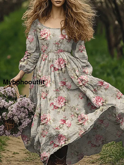 Retro Boho Floral Art Print Vintage Chic Round-Neck Long Sleeve Midi Dress A / S