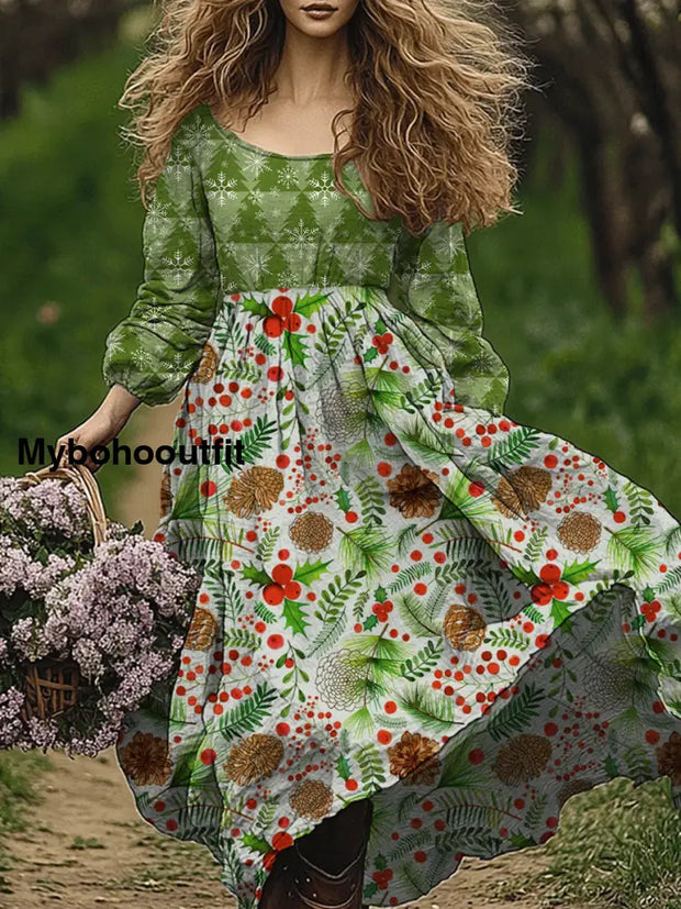 Retro Boho Floral Art Print Vintage Chic Round-Neck Long Sleeve Midi Dress A / S