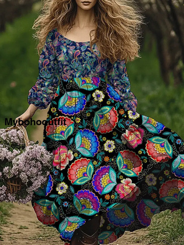 Retro Boho Floral Art Print Vintage Chic Round-Neck Long Sleeve Midi Dress A / S