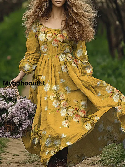 Retro Boho Floral Art Print Vintage Chic Round-Neck Long Sleeve Midi Dress A / S