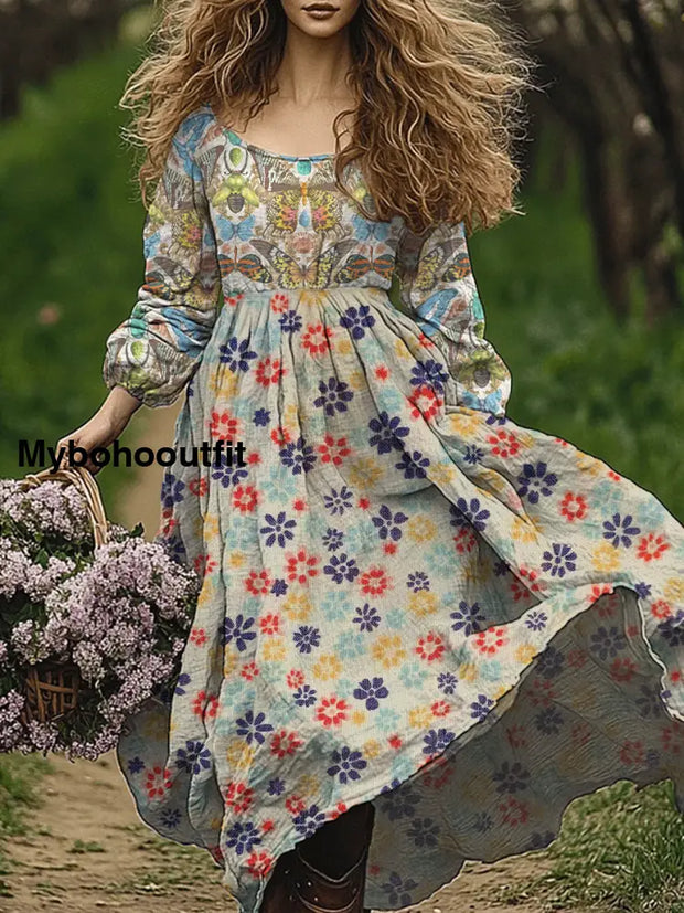 Retro Boho Floral Art Print Vintage Chic Round-Neck Long Sleeve Midi Dress A / S