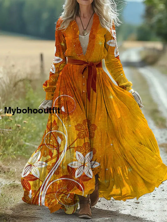 Retro Boho Floral Art Print Vintage Chic Strap V-Neck Cotton Long Sleeve Midi Dress A / S