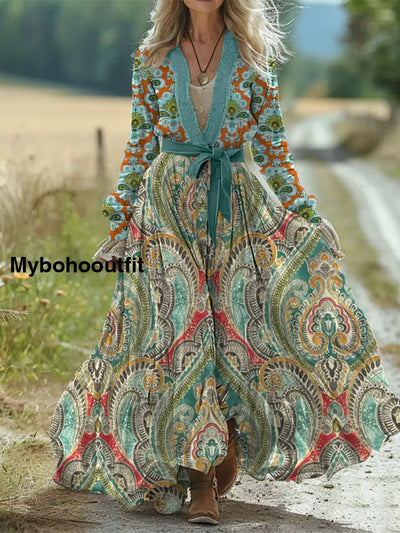 Retro Boho Floral Art Print Vintage Chic Strap V-Neck Cotton Long Sleeve Midi Dress A / S