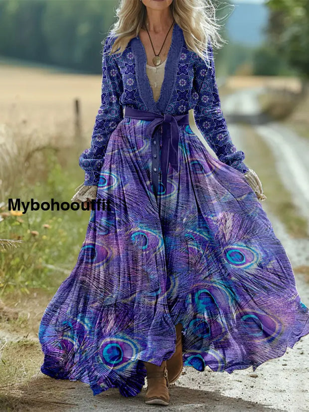 Retro Boho Floral Art Print Vintage Chic Strap V-Neck Cotton Long Sleeve Midi Dress A / S