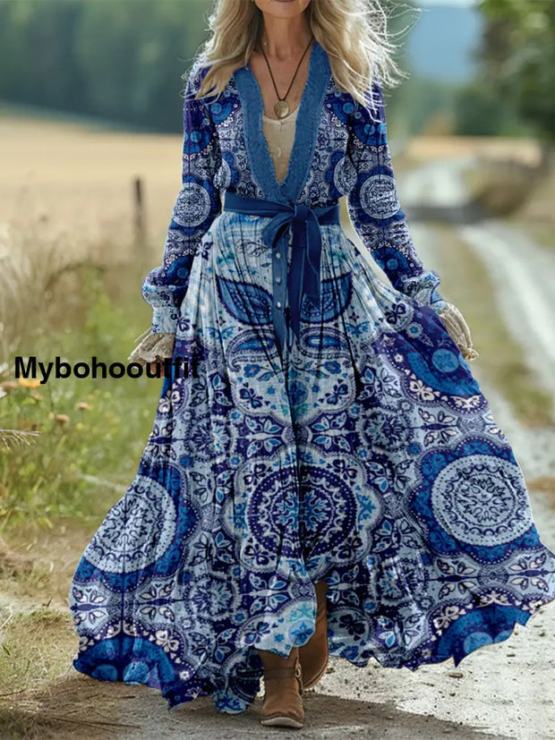 Retro Boho Floral Art Print Vintage Chic Strap V-Neck Cotton Long Sleeve Midi Dress A / S