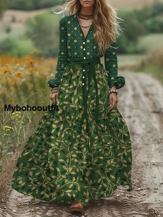 Retro Boho Floral Art Print Vintage Chic V-Neck Belt Elegan Long Sleeve Midi Dress A / S