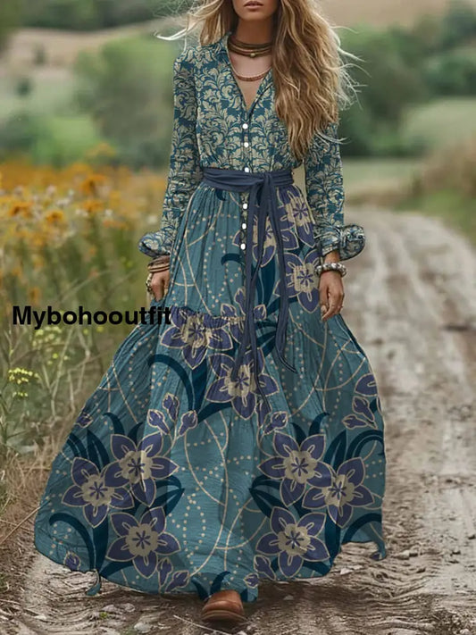 Retro Boho Floral Art Print Vintage Chic V-Neck Belt Elegan Long Sleeve Midi Dress A / S