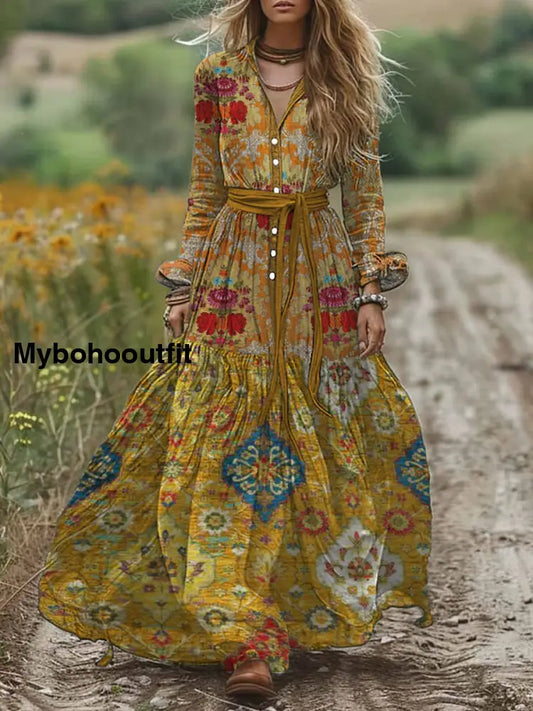 Retro Boho Floral Art Print Vintage Chic V-Neck Belt Elegan Long Sleeve Midi Dress A / S
